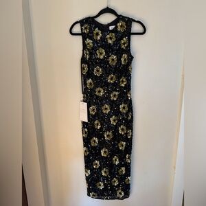 MAC DUGGAL Black and Gold Floral Sequin Sleeveless Midi Dress; new with tags.